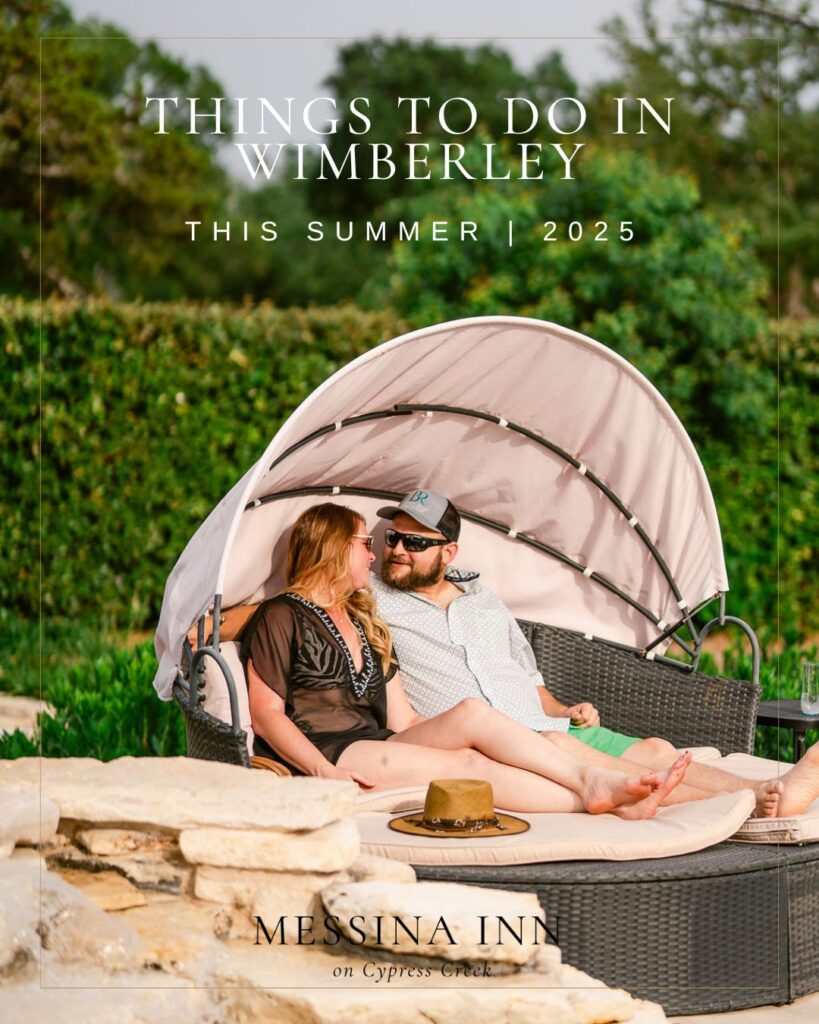 Couple relaxing near the Messina Inn pool on their romantic vacation to Wimberley