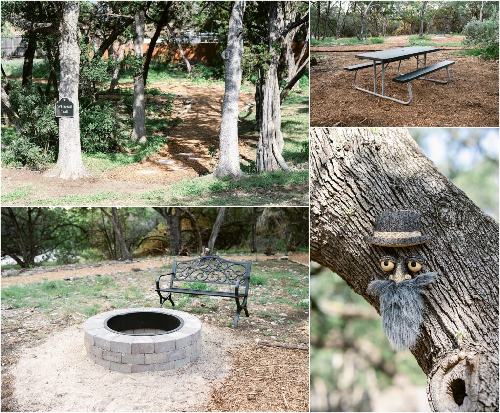 Different gathering areas along the path, including picnic tables, firepit, benches