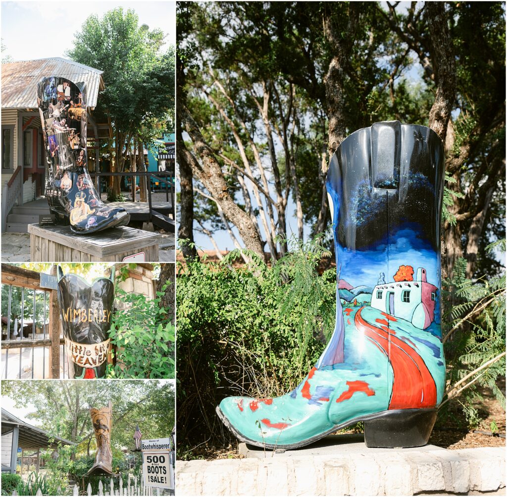A collection of the Boots that can be found all around Wimberley, Texas. Created by local artists and found in front of many local businesses.